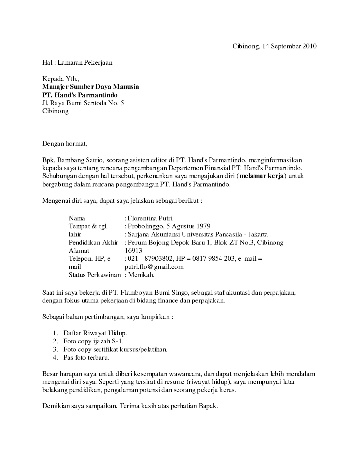 Contoh Surat Lamaran Pekerjaan Tugas Bahasa Indonesia Contoh Surat Lamaran Pekerjaan Untuk Tugas Bahasa Indonesia - Contoh Surat